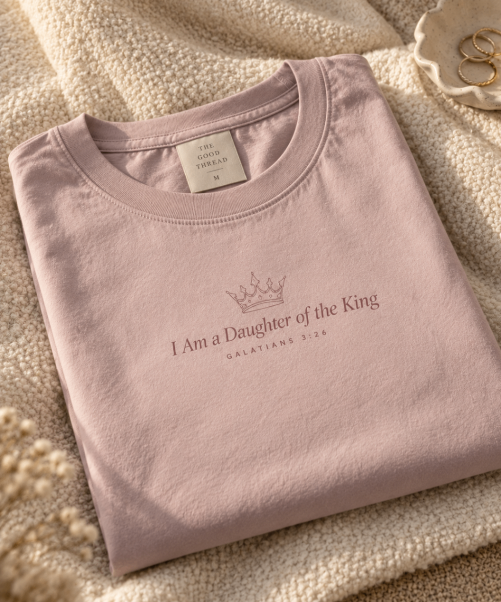 Pale Mauve relaxed-fit tee printed with “I Am a Daughter of the King” in mauve serif type, folded on a linen backdrop