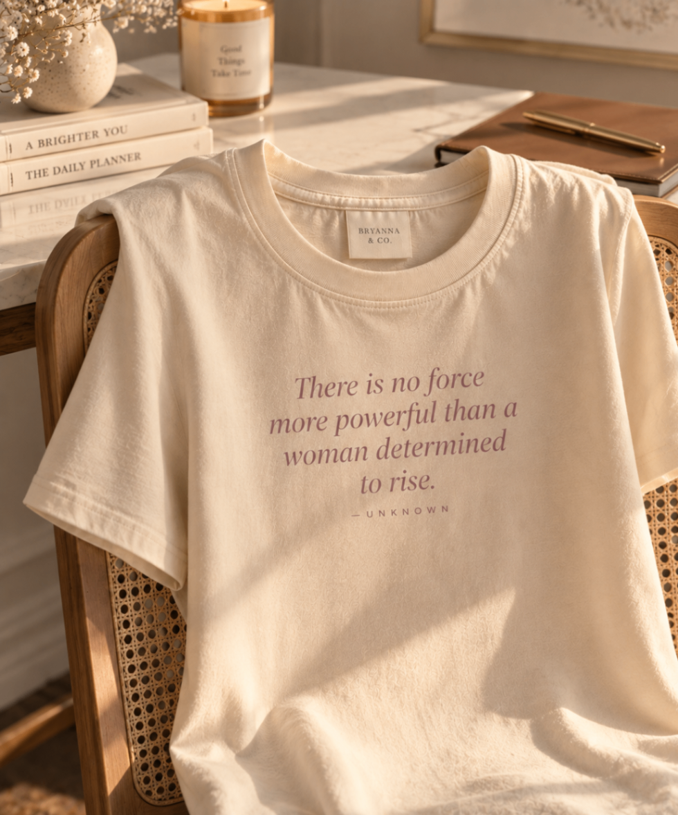 Warm Cream relaxed-fit tee printed with “There is no force more powerful than a woman determined to rise.” in mauve serif type, folded on a linen backdrop