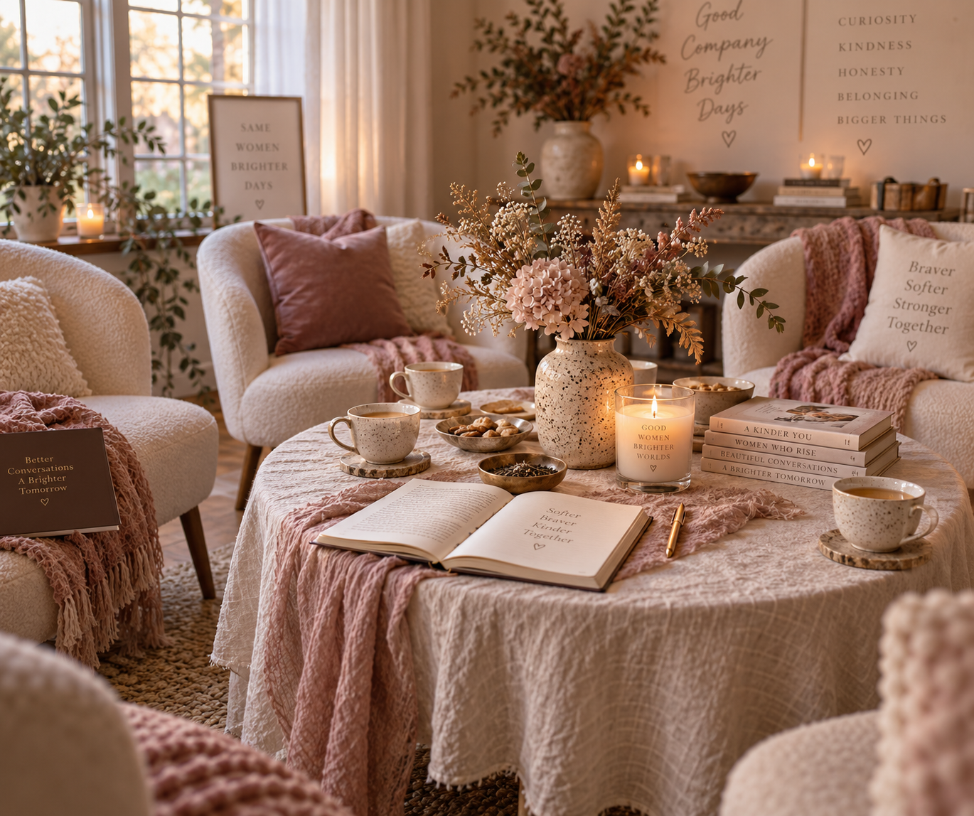 A sunlit room set for a women's gathering: white chairs arranged around a round table with candles, books, and a journal, with a wall reading Good Company Brighter Days