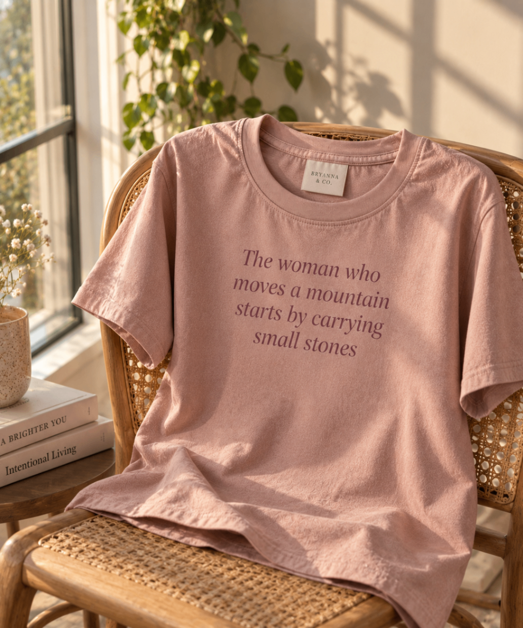 Dusty Rose relaxed-fit tee printed with “The woman who moves a mountain starts by carrying small stones” in mauve serif type, folded on a linen backdrop