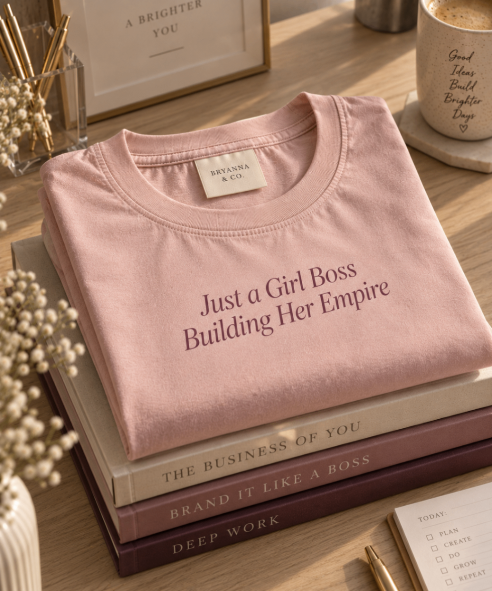 Blush Pink relaxed-fit tee printed with “Just a Girl Boss Building Her Empire” in mauve serif type, folded on a linen backdrop