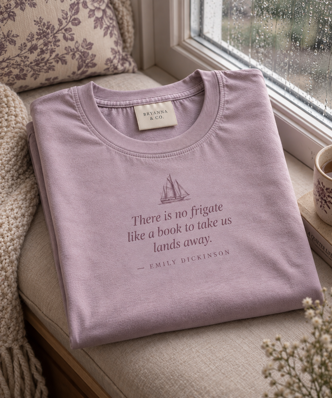 Dusty Lilac relaxed-fit tee printed with “There is no frigate like a book to take us lands away.” in mauve serif type, folded on a linen backdrop