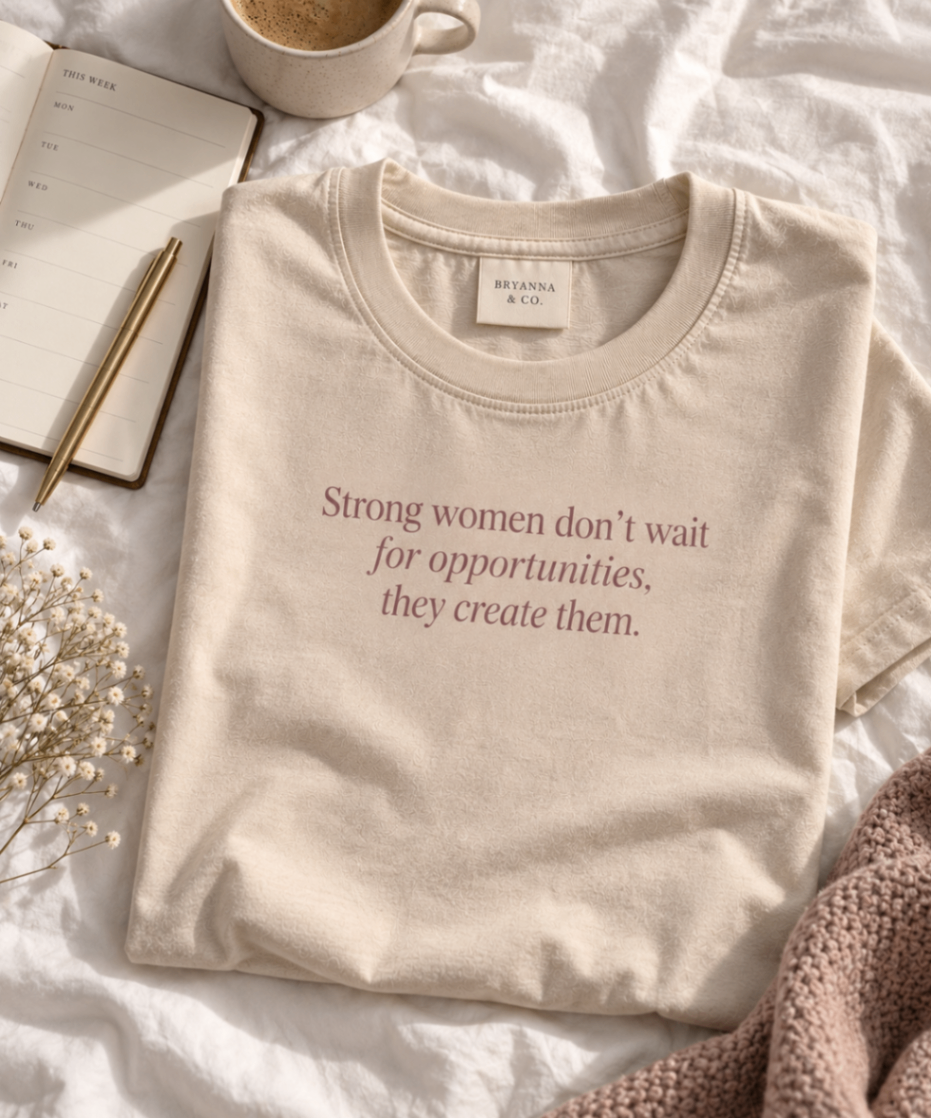 Oat relaxed-fit tee printed with “Strong women don't wait for opportunities, they create them.” in mauve serif type, folded on a linen backdrop